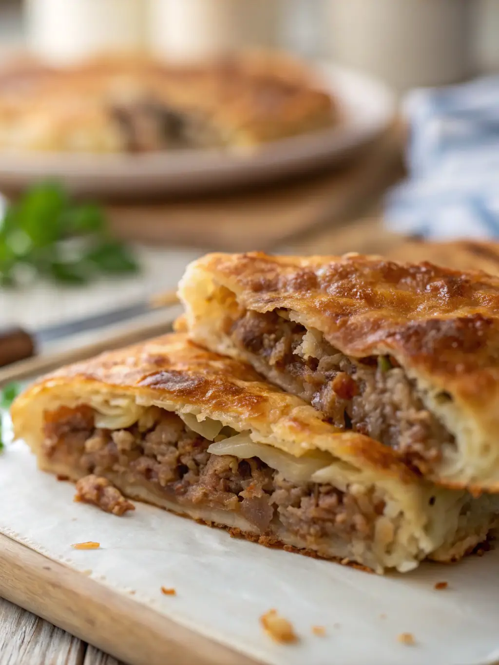 A close-up of a Bougatsa slice, revealing its creamy custard filling and golden-brown, flaky crust, dusted with powdered sugar.