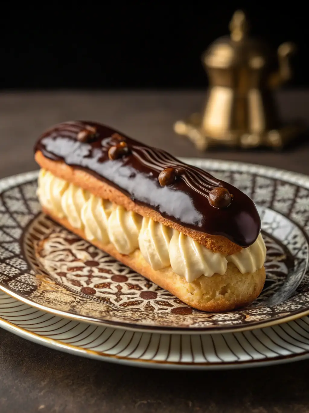 A decadent chocolate éclair, filled with creamy pastry cream and topped with a rich, glossy chocolate glaze.