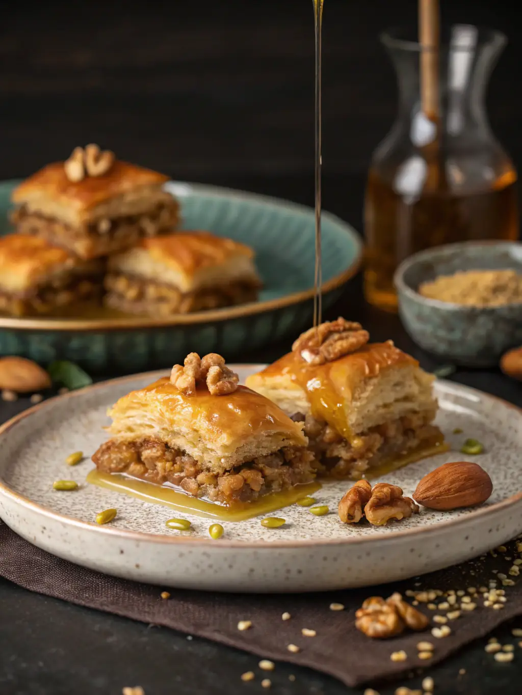 A close-up shot of a perfectly layered baklava, glistening with honey syrup, showcasing the flaky layers and chopped nuts.